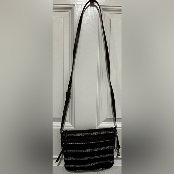 FOSSIL Fiona Crossbody Bag Black White Geometric Pattern Brown Leather Strap - Picture 3 of 15